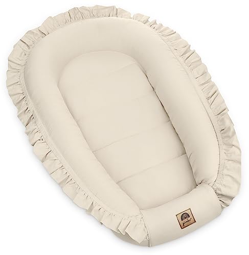 PIMKO Nido de bebé con volantes para bebé, capullo para bebés y recién nacidos, 100% algodón, adecuado para el hogar, 55 x 90 cm (beige con solapa)