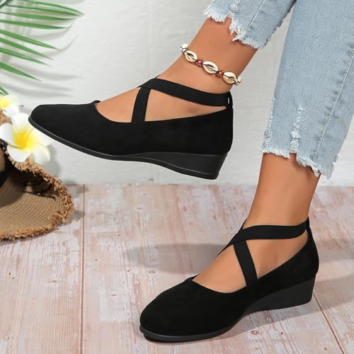 Women's Dress Flats Ballet Low Wedge Round Toe Fashion Elastic Ankle Strap Comfortable Casual Flats Shoes2