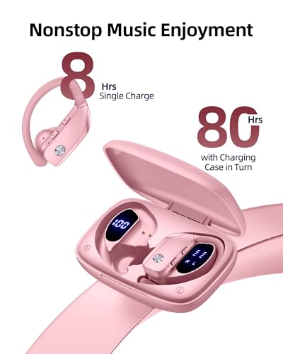 Image of bmanl Wireless Earbuds Bluetooth Headphones 48hrs Play Back Sport Earphones with LED Display Over-Ear Buds with Earhooks Built-in Mic Headset for Workout Pink BMANI-VEAT00L