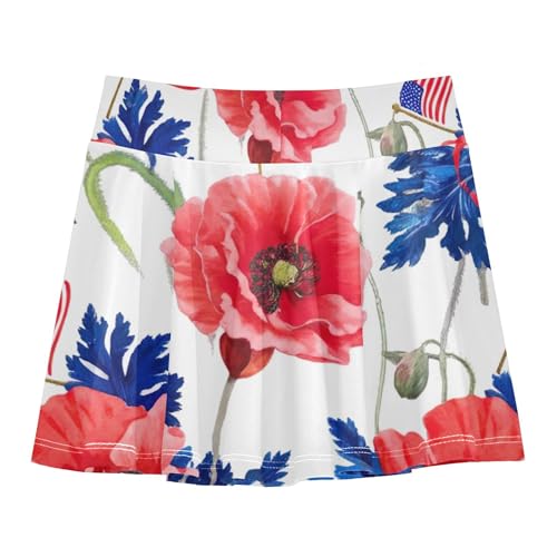 Red Poppies Blue Leaves Toddlers Tennis Skirts Running Girls Skorts Athletic Shorts Pleated 4t2