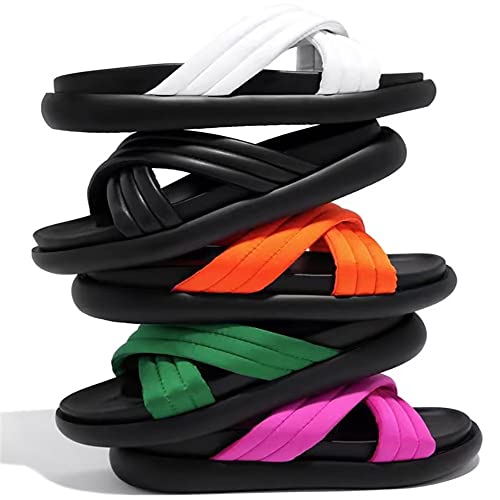 YSMIIH Women's Slippers Summer Cross Double Striped Platform Slippers Beach Shoes3