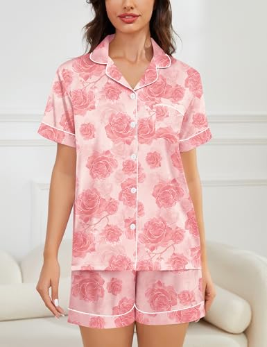 Image of SWOMOG Womens Silk Satin Pajamas Set Short Sleeve Sleepwear Button Down Top and Shorts Loungewear 2 Piece Pjs Set XS-3XL