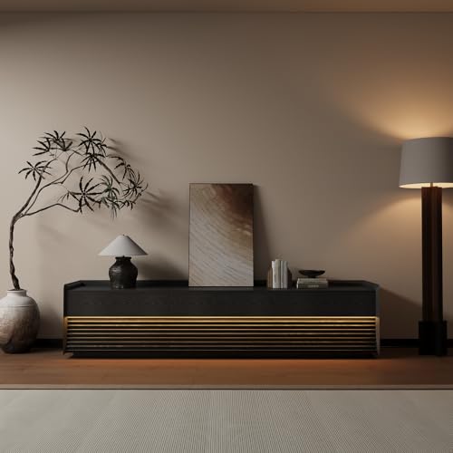 Image of POVISON Fully-Assembled Mid Century Modern TV Stand, 78.74 inch Wood Media Console with Adjustable LED Light, Entertainment Center with Storage for Living Room