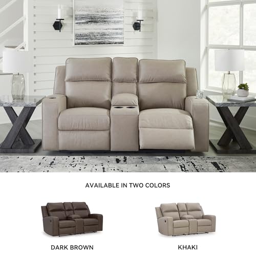 Image of Signature Design by Ashley Faux Leather Reclining Loveseat with Console | Wall hugger loveseat recliner, 4 cup holders, Heavyweight faux leather, Contemporary living room style, Lavenhorne