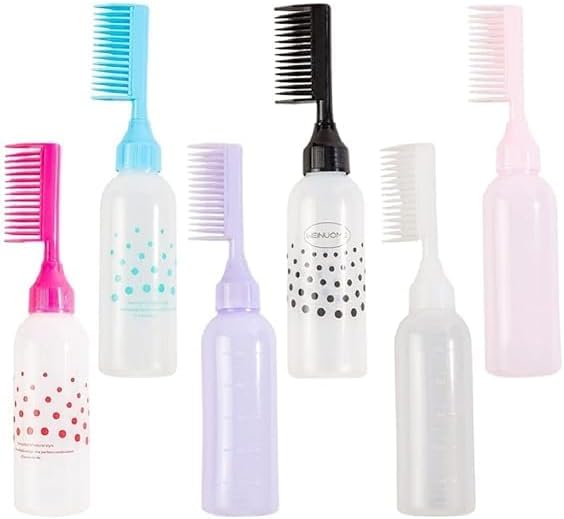 Rinpoche Empty Professional Hair Colouring Graduated Scale Dye Applicator Dispenser Comb Oil Plastic Bottle with Comb Cap for Salon Styling Tool, Hair Oil (Multicolor) (Pack Of 1)