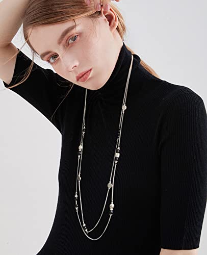 Bulinlin Layered Silver Long Necklace For Women Turquoise Stone Beaded Strand Sweater Chain Necklaces Fashion Costume Jewelry Gifts For Mom(Black) #TOP5