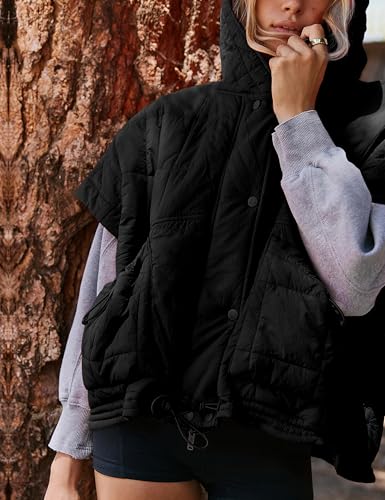 Womens Quilted Puffer Vest Poncho Short Sleeve Hooded Zip Up Padded Jacket Gilet Coat with Pockets3