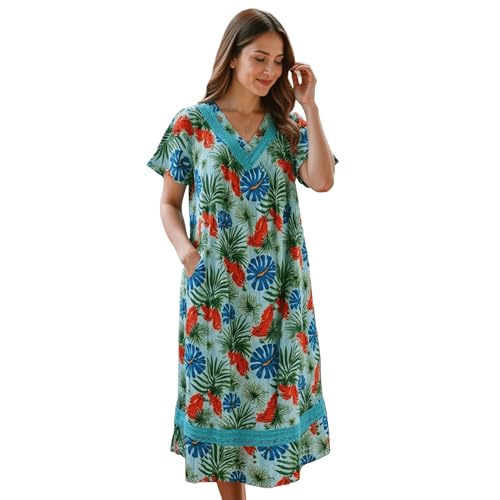 Women's Short Sleeve Light Blue Gauze Lounger House Dress - Crochet V Neck and Pockets