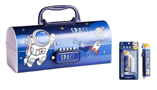 Image of Kawaii Space Blue Astronaut Pencil Box Combo for Kids - Lockable Compass Case with Handle, Name Card Slot & Push Pull Refillable Eraser