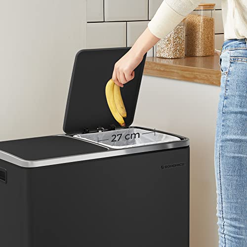 SONGMICS Double Rubbish Bin, 2 x 30L Waste and Recycling Kitchen Bin with 15 Rubbish Bags, Metal Pedal Bin, Plastic Inner Buckets and Hinged Lids, Handles, Soft Closure, Airtight, Black LTB60BK