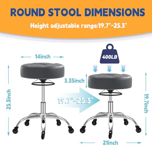 Image of Rolling Stool Heavy Duty 400lb: Super Soft Seat Cushion,360 Swive,Height Adjustability,No Squeaky Noises,No Tip Over,New Upgraded stool Salon Stool Chair, Tattoo Facial Massage Spa Medical (Grey1)