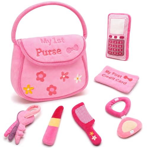 GERBIT My First Pink Purse Plush Baby Purse Set with 6 Pcs Makeup Plushies for Toddlers First Birthday Gifts for Girls