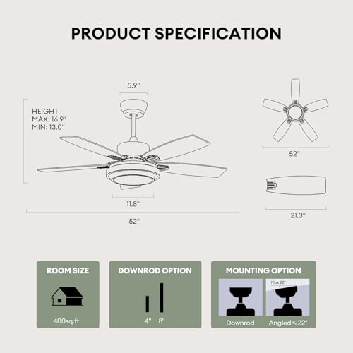 Size 52 Color Black Ceiling Fans with Lights and Remote Control, Ceiling Fan for Bedroom Living Room and Patio, Medium Modern Black Ceiling Fan for Indoor and Outdoor