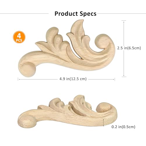 Image of 4Pcs Decorative Wood Flower Carved Appliques Corner Onlay 2.5x4.9inch DIY Unpainted Wooden Carved Corner Decal for Furniture Wardrobe Mirror Photo Frame Closet Decoration (2.5x4.9inch)