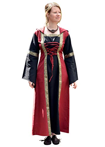 Battle-Merchant Eleanor - Abito Medievale con Cappuccio - Ideale per Giochi di Ruolo dal Vivo (Larp) e Come Costume Vichingo - Rosso/Nero - XL