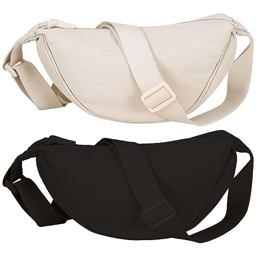 Firtink 2 Pack Crescent Bag for Women Men Nylon Crescent Bags Dumpling Bag Hobos Crossbody Bags Purse with Adjustable Strap(Beige)