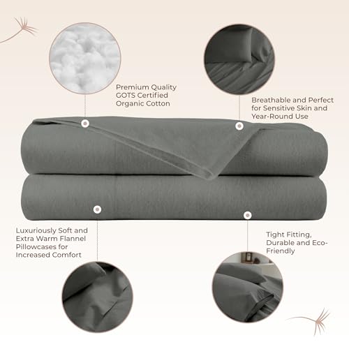 Image of Organic Flannel Pillowcases Set of 2 - Ultra Comfortable 100% GOTS Organic Cotton Pillow Cases Queen Size Set of 2 with Premium Smooth Brushed Finish and Envelope Closure (Gray, Queen)