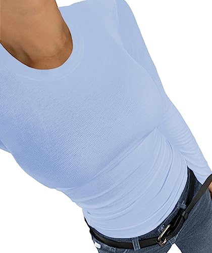 Afibi Women Ribbed Long Sleeve Crew Neck Slim Fit Stretchy Basic T Shirts Tops3