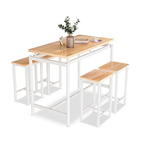 MIERES 5 Piece Dining Table Set for 4, Small Kitchen Bar Table and Chairs for 4, Wooden 47" Dining Room Table Set with 4 Stools, Space Saving & Ideal for Pub, Restaurant, Cafe