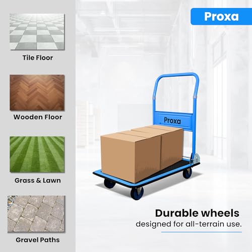 Image of Proxa 150 kg Steel Foldable Platform Trolley | Heavy Duty Material Handling Cart with 4 Inch Wheels | Portable Goods Trolley for Warehouse, Office, Home & Industry Use (72.5 x 46.5 x 85.5 cm)