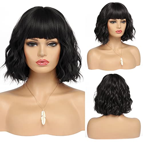 BESTUNG Short Black Bob Wig With Bangs Synthetic Natural Hair Wigs for Women Wavy Shoulder Length Wig Water Wave(12 Inches)