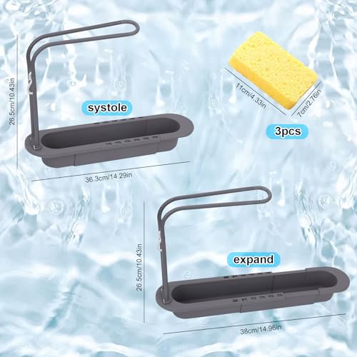 Organizador extensible para fregadero de cocina con colgador para toallas, canasta delgada telescópica, colador ajustable multifuncional, soporte para esponjas y bandeja de almacenamiento para baño y hogar miniatura 2