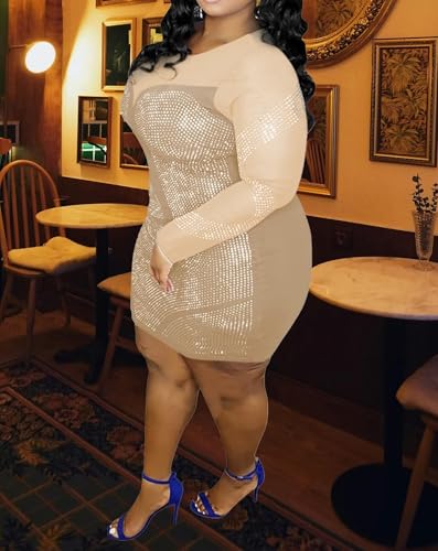 Image of IyMoo Womens Sexy Plus Size Long Sleeve Rhinestone Mesh See Through Bodycon Party Club Mini Dress Clubwear