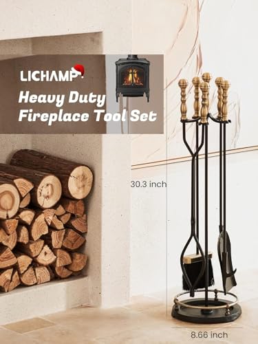 Lichamp Fireplace Tools Set, 5-Pieces Indoor Outdoor Sturdy Fire Place Poker Sets with Retro Gold Handle, FTS45GD