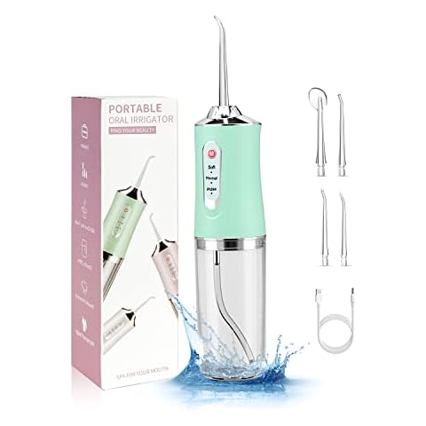 Water Flosser for Teeth, Portable Cordless Oral Irrigator 230ml with 360° Rotation Cordless Irrigator, Dental Oral Irrigator IPX7 Waterproof 4 Jet Tips USB Rechargeable for Home and Travel, Green Cover
