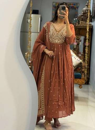 Image of ANNI Designer Women's Rayon Viscose Printed Embroidered Anarkali Kurta with Pant & Dupatta | Ethnic Kurti Set with Embroidery | Soft Comfortable Fabric | Stylish Outfit for Festive, Office
