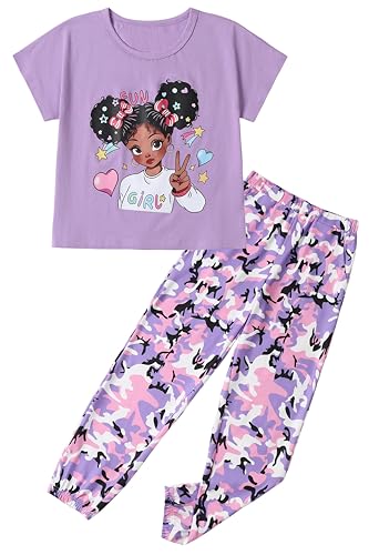 Image of mksodop Girls Outfit Set Graphic T Shirt and Camo Jogger Pants Cute Casual Clothes for Girls 5-16 Years