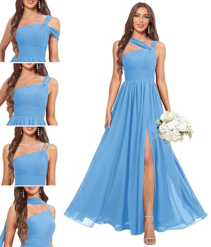 Multiway Bridesmaids Dresses for Women A-Line Ruched One Shoulder Chiffon Maxi Convertible Formal Gown
