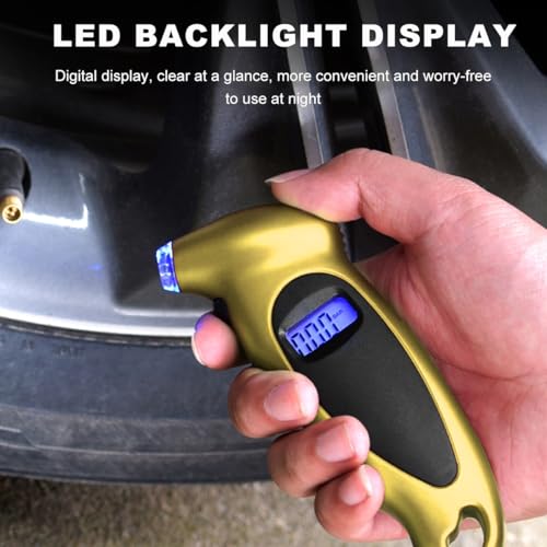 Image of KVAEY Digital Tire Pressure Gauge, 150 PSI 4 Settings Accurate Tire Gauge with Non-Slip Grip, Backlight LCD Tire Pressure Gauge Reader Checker Tool for Car Truck Bicycle Motorcycle (Golden)