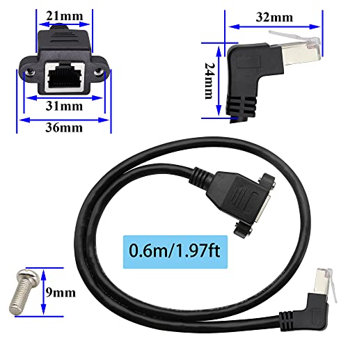 Upward 90°Angle RJ45 LAN Network Extension Cable Cat6 RJ45 90 Degree Male to Female Shielded Ethernet Network Connector Screw Panel Mount 8P8C Cable [2pack/Upward ][0.6M/1FT]