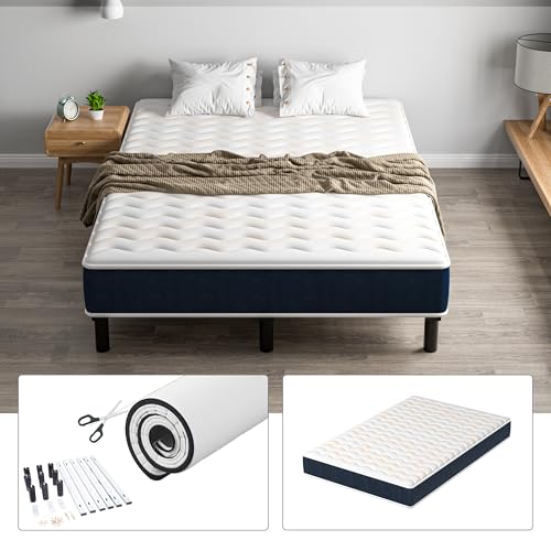 TEENO Ensemble Matelas et Sommier 140x200cm, Matelas en Mousse A Mémoire et Robuste Cadre de lit en Fer avec 9 Pieds, épaisseur 15cm,7 Zones Parfaitement...