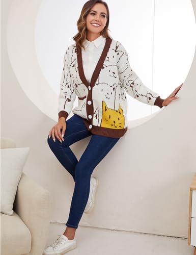 Image of Gihuo Women Cat Sweater Oversized Cute Kawaii Cardigan Knit Graphic V Neck Loose Fit Long Sleeve Cardigan Coat