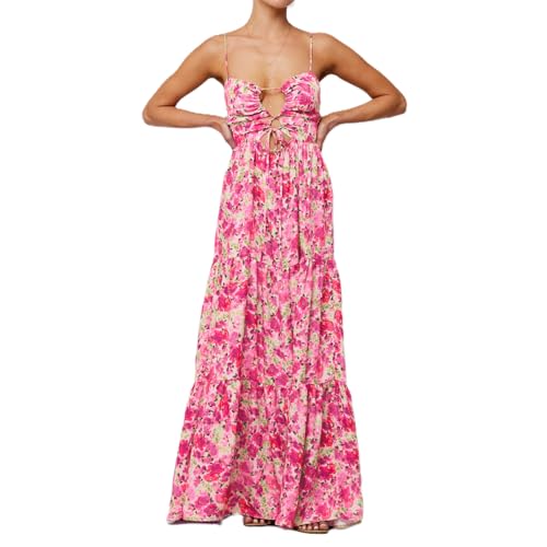 Image of Womens Vintage Floral Long Dress Y2k Spaghetti Strap Tie Back Hollow Out Maxi Dress Summer Beach Party Sundress