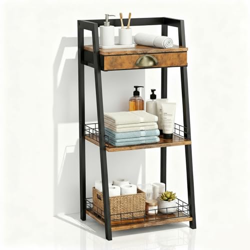 Omiention 3-Tier Bathroom Shelves with Drawer, Freestanding Floor Storage Organizer, Compact Multi-Functional Unit with Ladder Bookcase Design for Living Room Bedroom