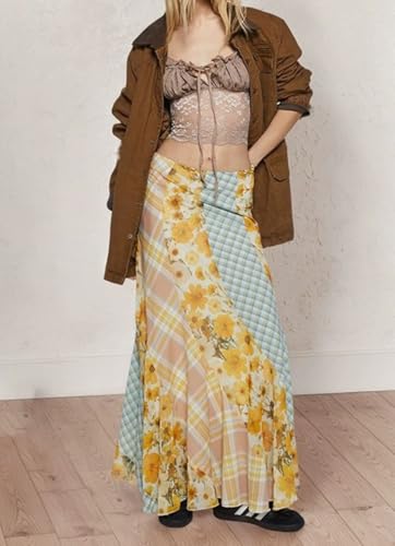 CHARTU Women Floral Print Plaid Patchwork Maxi Skirt Summer Beach Vacation Lightweight Flowy Long Skirt2