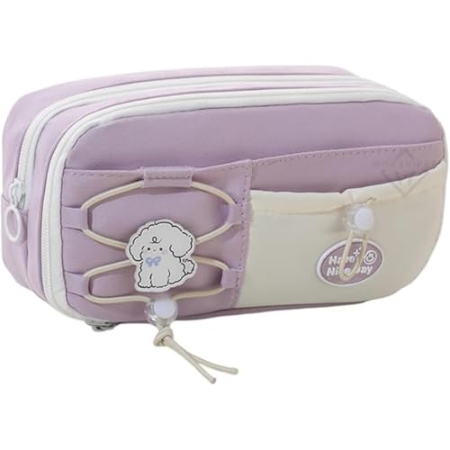 Image of Alokik Dog Purple Pencil Pouch for Girls, Large Capacity Cute Puppy Zipper Pencil Case with Front Pocket & Pin, Aesthetic Multi-Compartment Stationery Organizer for School (Dog - Purple)