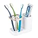 mDesign Plastic Toothbrush Storage Organizer Holder with Cup for Bathroom, Vanity, Countertop Space - Holds Brushes, Toothpaste, Floss, Dental Accessories - White/Satin