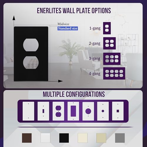Image of ENERLITES Screwless Duplex Wall Plate, Child Safe Receptacle Outlet Cover, Standard Size, 1-Gang 4.68 inch x 2.93 inch, Unbreakable Polycarbonate Thermoplastic, UL Listed, SI8821-BK-5PCS, Black, 5 Pack