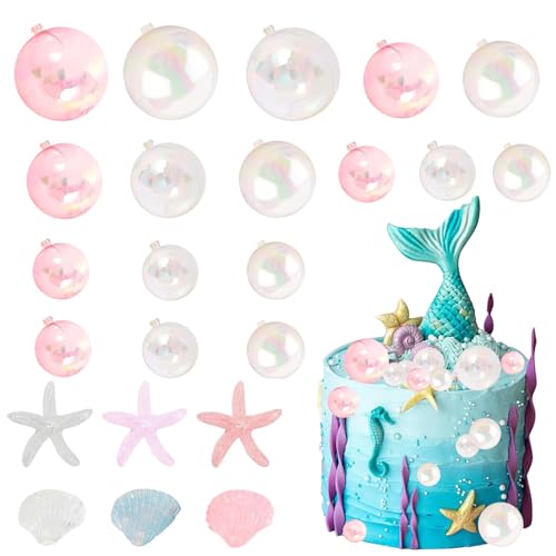 24 pcs Colorful Balls Cake Topper DIY Cupcake Insert Foam Balloons with Seashells & Starfish, Mini Balloons Cupcake Topper for Mermaid, Baby Shower & Wedding Anniversary Birthday Decoration