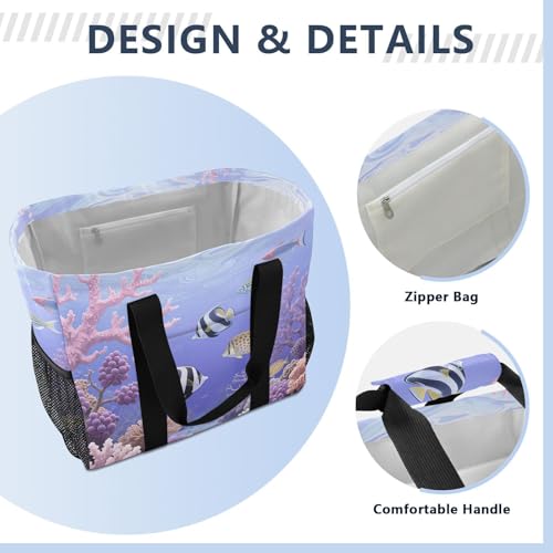 Purple Coral and Fish Patterns Beach Tote Pool Bags for Women Ladies Large Waterproof Gym Tote Carry On Bag for Weekender Swim Gym Shopping Travel Daily Bag4
