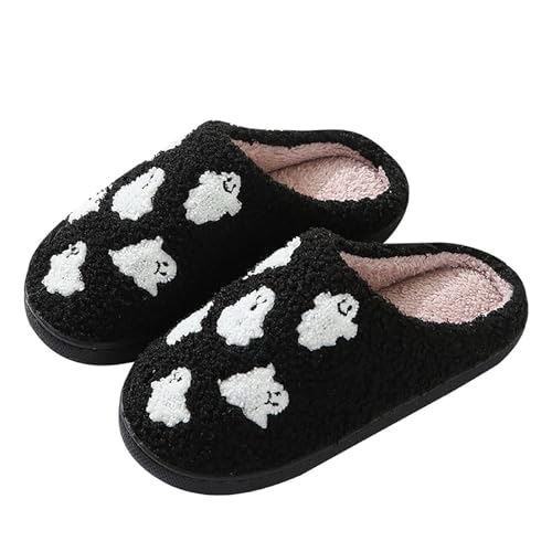Halloween Slippers for Women Men Retro Memory Foam Plush Fluffy Warm Ghost Fuzzy Slipper Holiday Slip-on Indoor Outdoor House Shoes