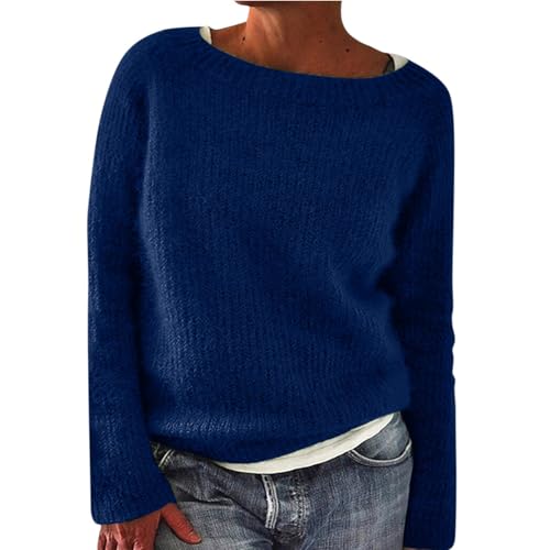 SCBFDI Outlet Angebote, Kuschel Pullover Damen Norweger Pullover Damen Warm Norweger Pullover Damen Große Größe Damen Strickpullover Oversize Mode für Frauen Ab 60 Norwegermuster Pullover Fall Blau L