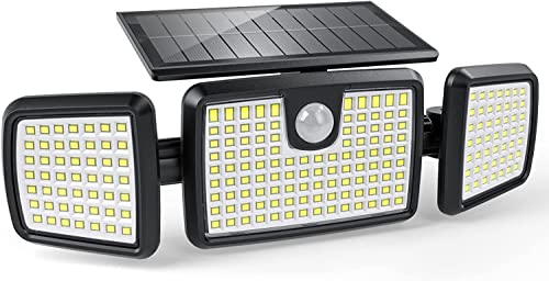 Solar Lights Outdoor, 3 Head Solar Motion Lights Outdoor with 2500LM 218 LEDs High Brightness, Built-in Bigger Tempered Glass Solar Panel, Sensitive PIR Motion Inductor
