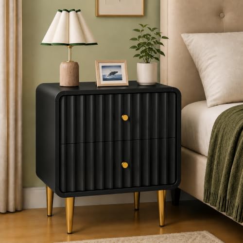 Image of HLR Modern Nightstand, Fluted Bedside Table with 2 Drawers Storage, Black