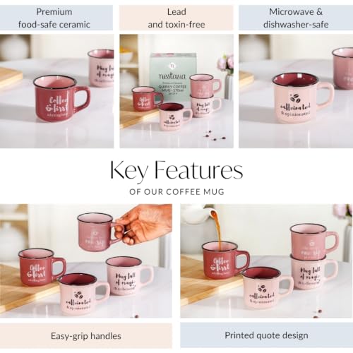Image of Nestasia Ceramic Stackable Cups Set of 4 (170ml Each) - Quirky Quotes Tea & Coffee Cups with Glossy Finish | Microwave & Dishwasher Safe Mugs - Ideal for Gifting (Pink)