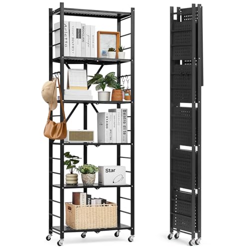 Image of VEVOR 6-Tier Foldable Storage Shelf, 24W x 12D x 72H Inch Folding Metal Rack Shelving Unit, No Assembly Organizer Shelf with 5 Wheels & 4 Hooks for Pantry, Kitchen, Garage, Basement, Black